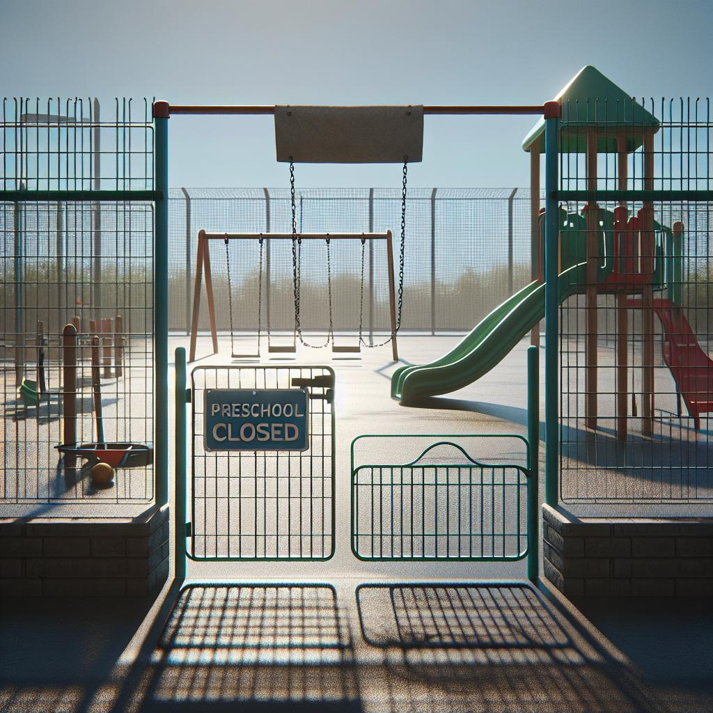 "Preschool closed sign, empty playground"