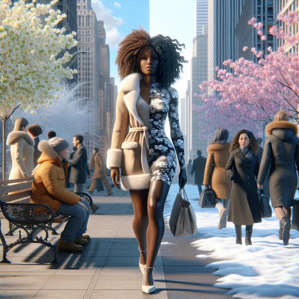 Woman navigating city in spring-winter weather