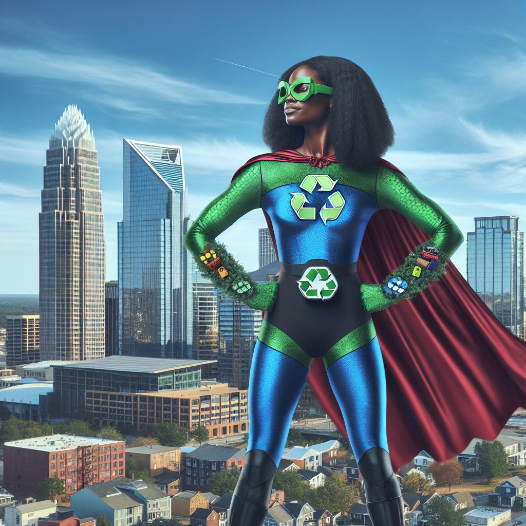 "Recycling superhero, Charlotte cityscape background"