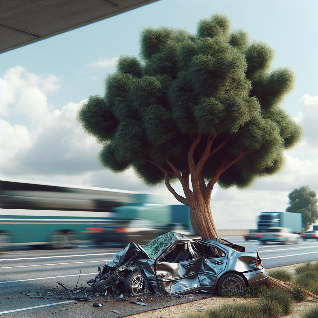 Crushed car near highway tree