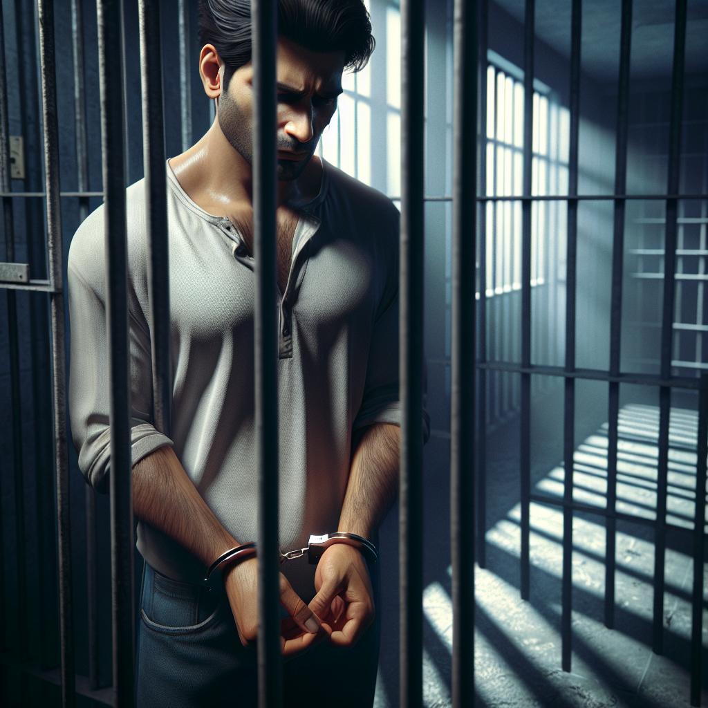 Handcuffed man behind bars