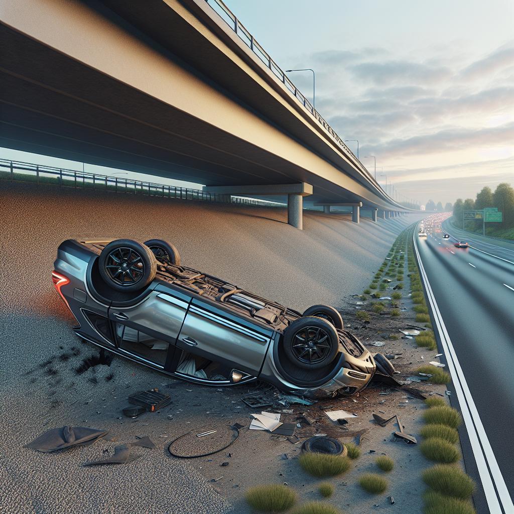 Car flipped on highway embankment