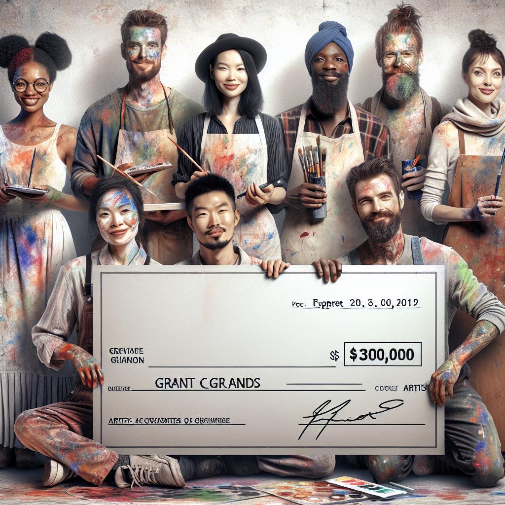 Artists holding grant checks