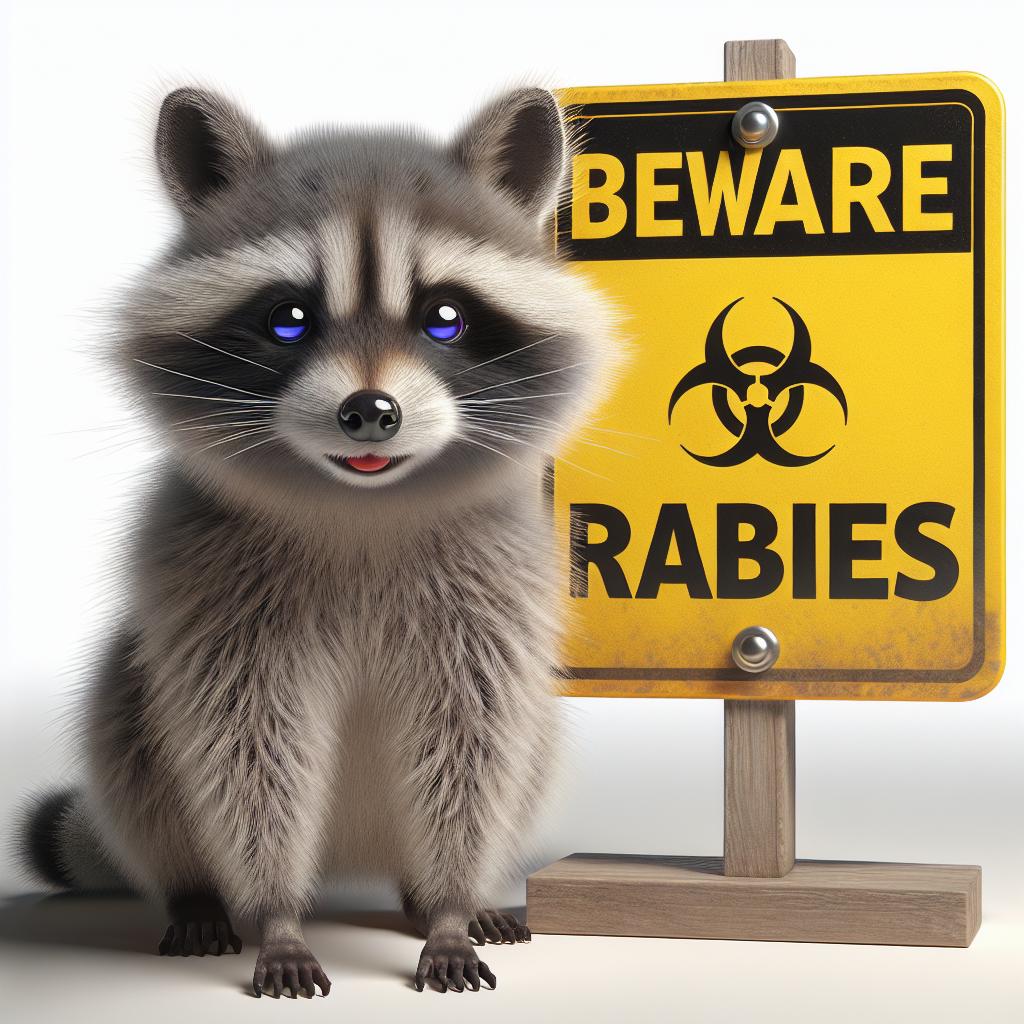 Raccoon with rabies warning sign