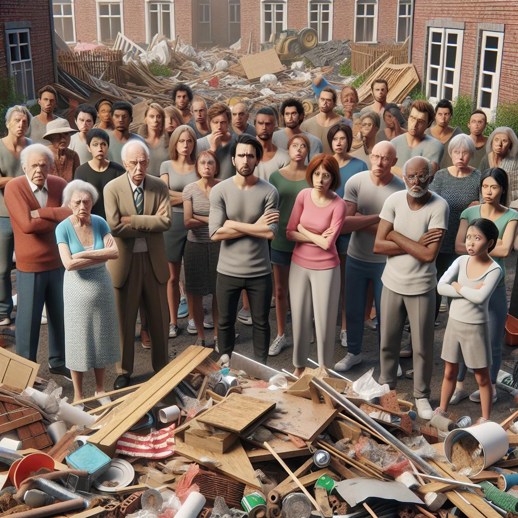 Frustrated residents viewing construction site litter