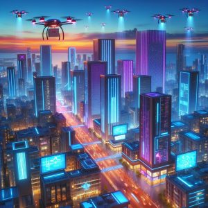 Futuristic cityscape with drones.