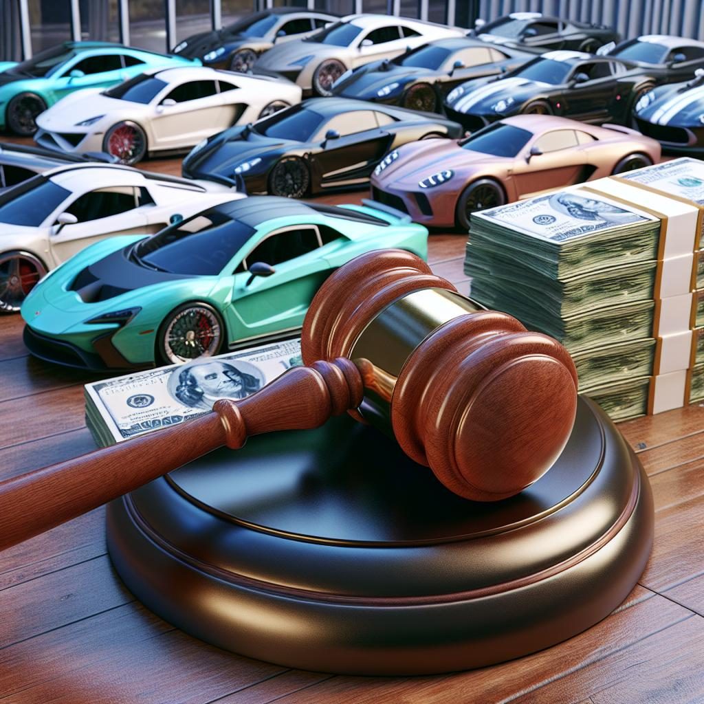 Luxury cars, cash, legal gavel