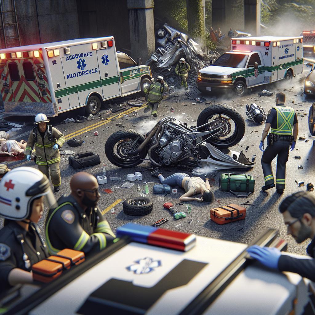 Motorcycle accident scene, ambulance