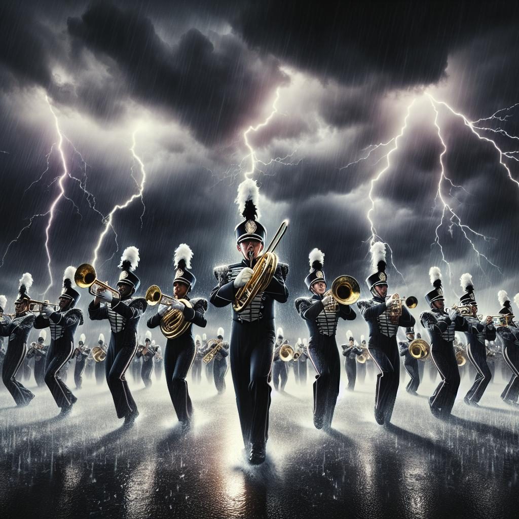 Marching band under thunderstorm