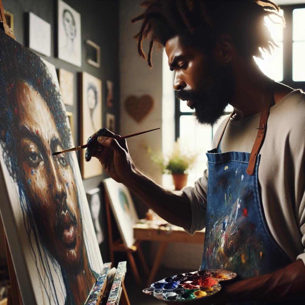 African American artist painting portrait