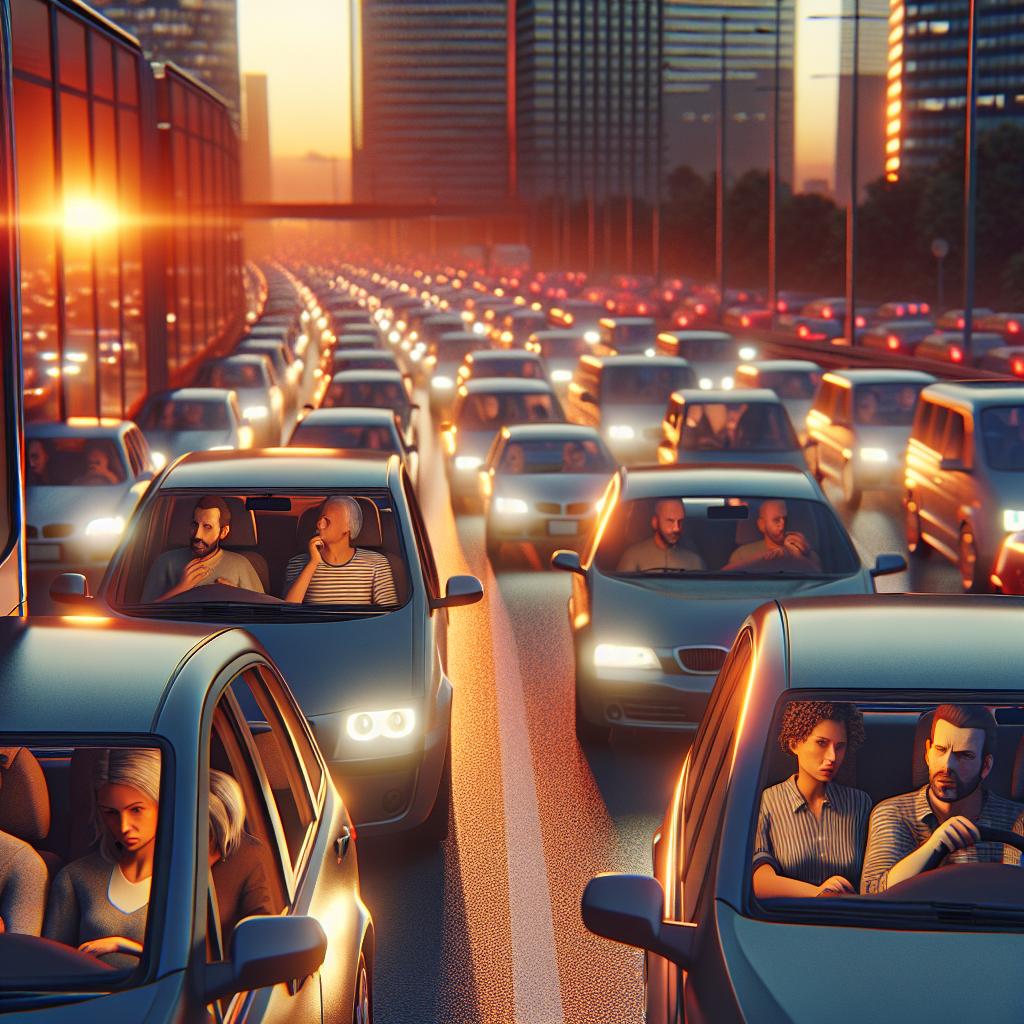 Traffic jam at sunset