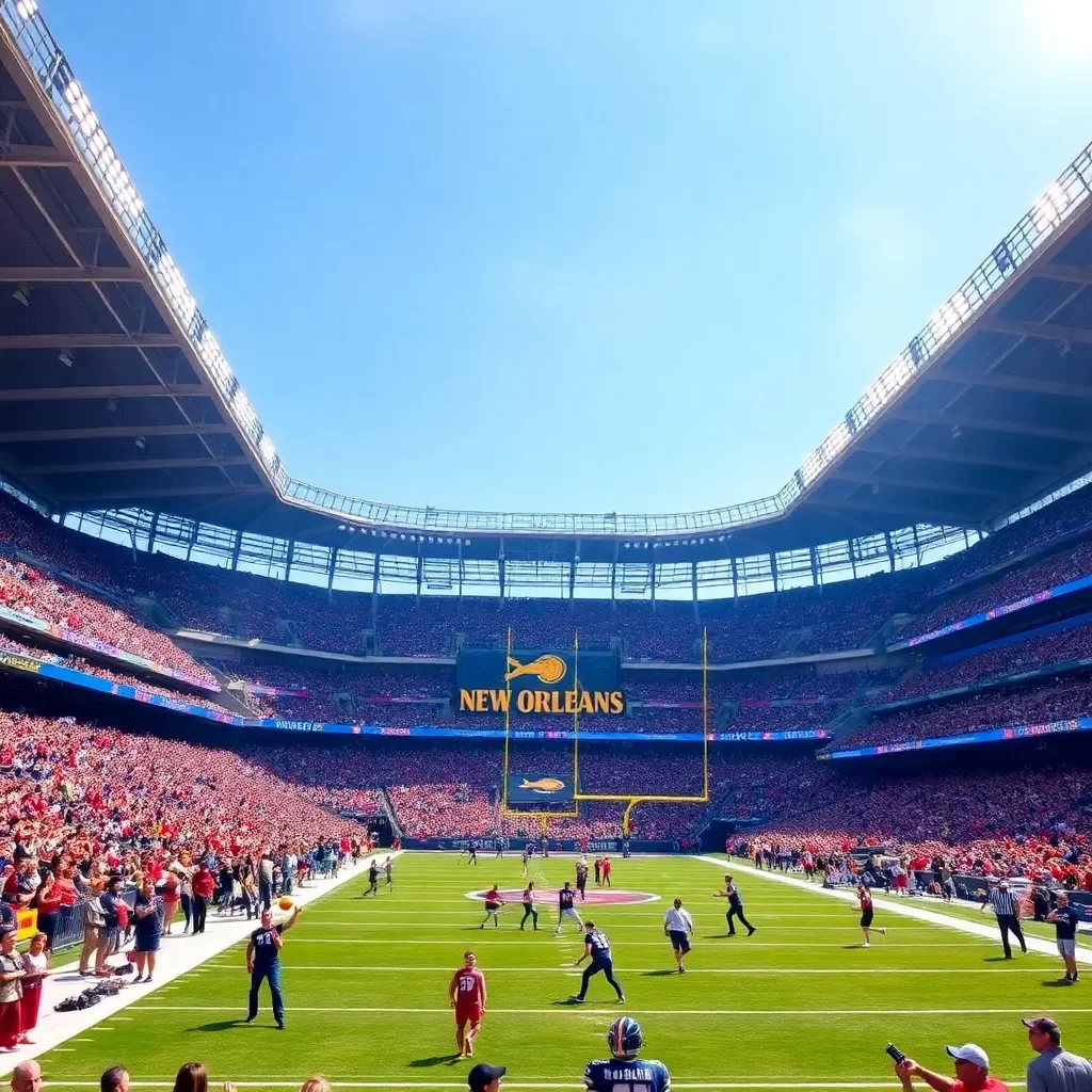 Exciting football action in vibrant New Orleans stadium.