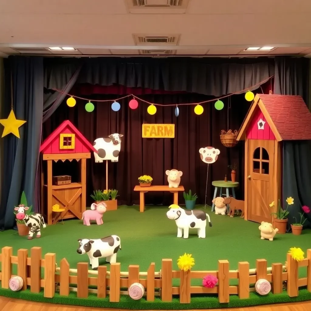 A whimsical stage set adorned with farm-themed props.