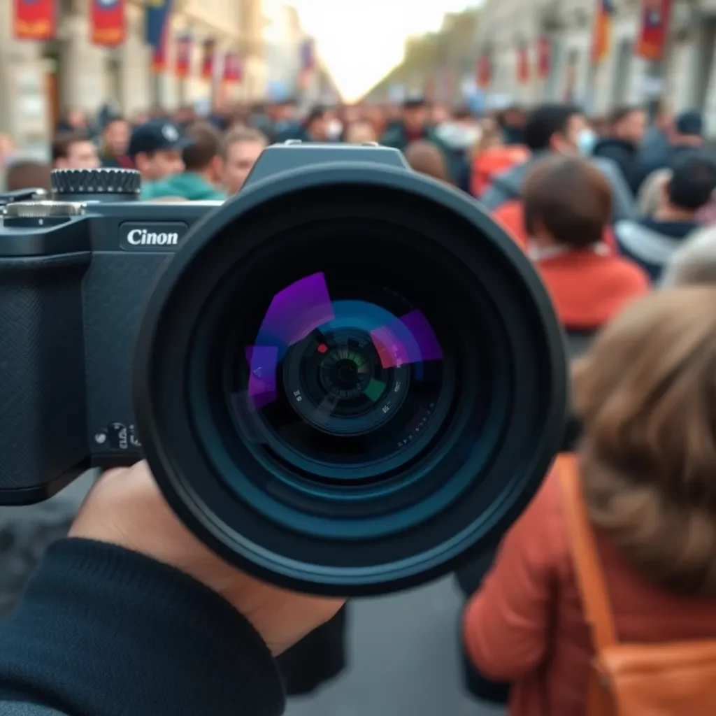 Camera lens focusing on a crowd in public space.