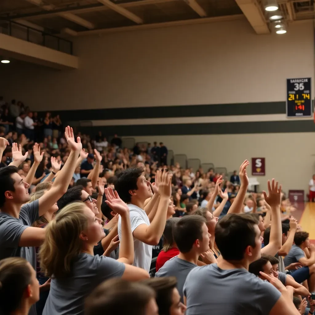 Excited crowd cheering at a high school basketball game.