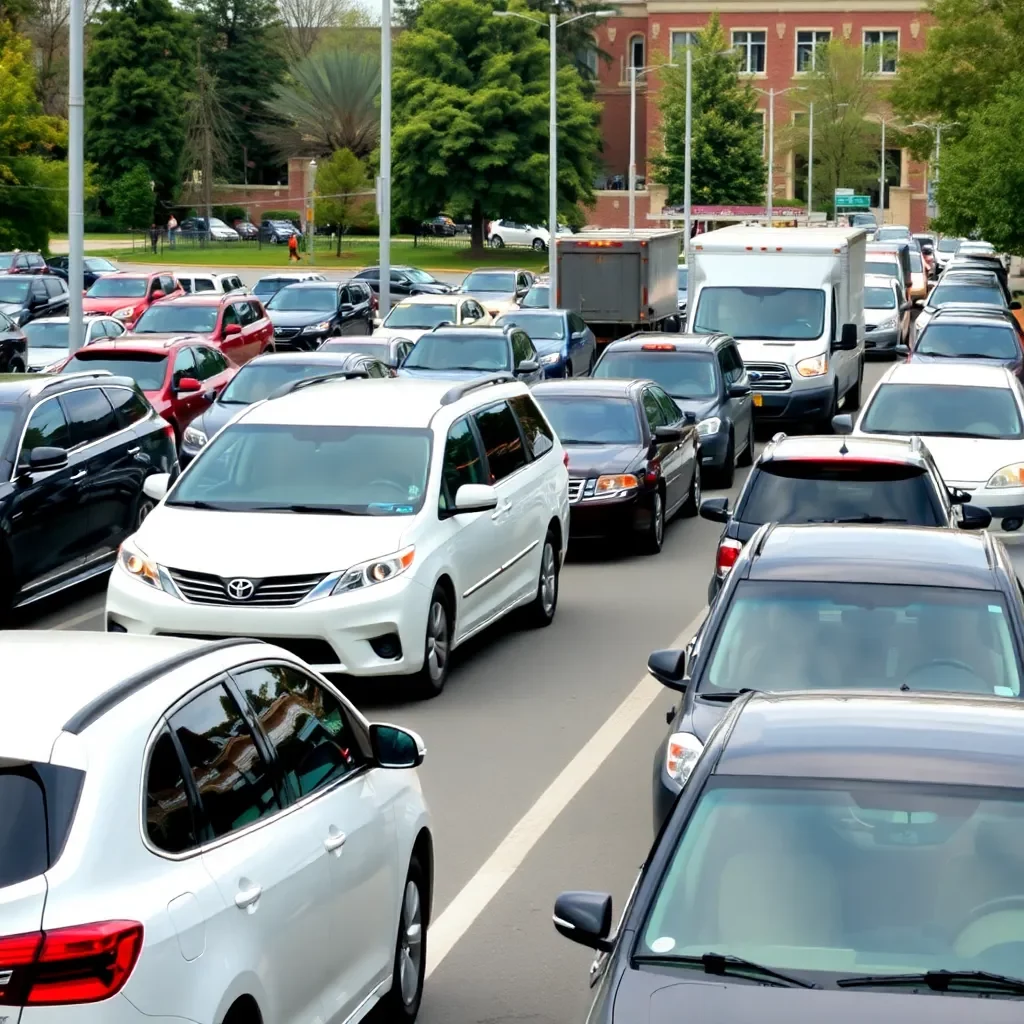 Traffic congestion near a university parking lot.