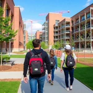 Campus construction with students navigating new buildings.