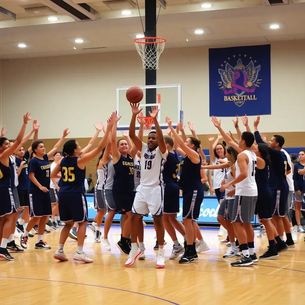 Basketball court celebration with team spirit and energy.