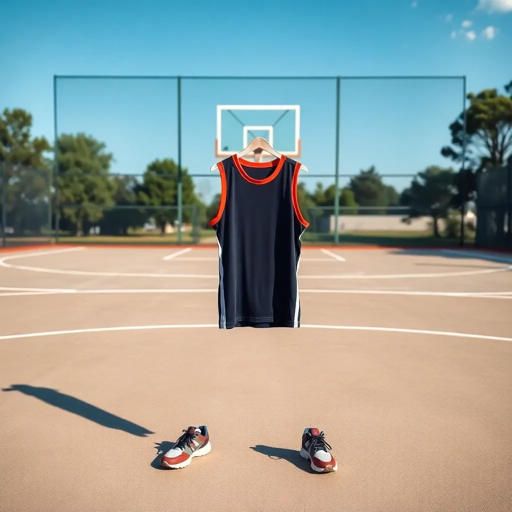 Basketball court with jersey and sneakers ready for training.