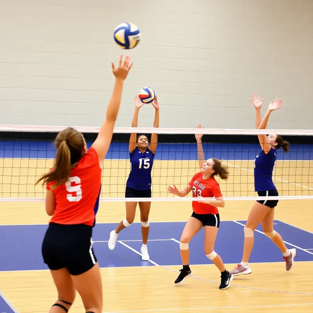 Dynamic volleyball action on a high school court.