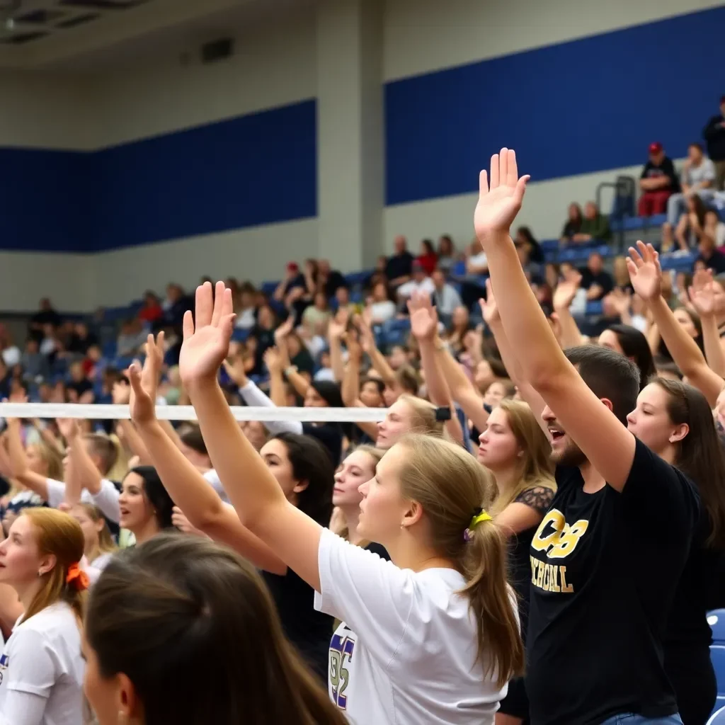 Excited crowd cheering at a high school volleyball game.