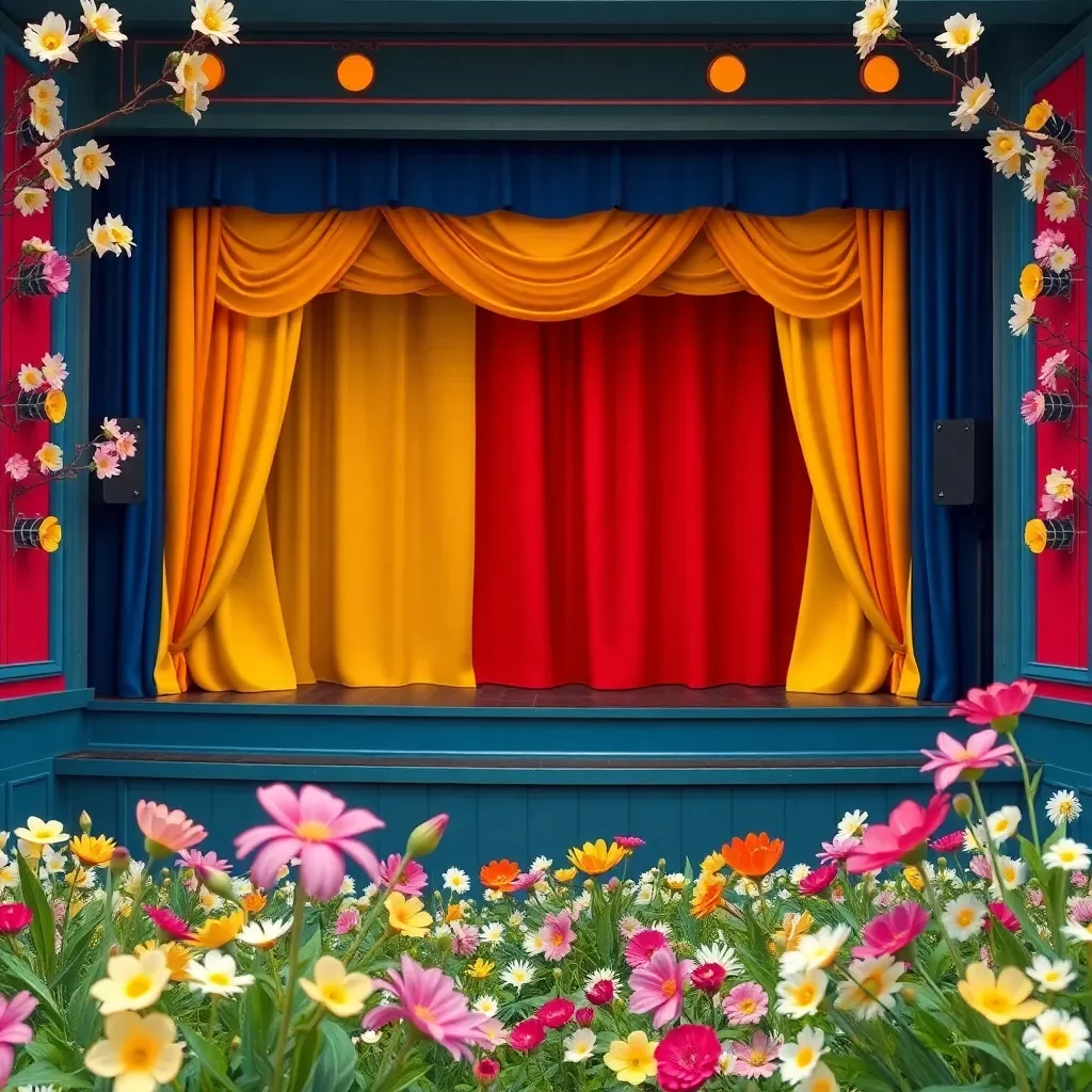 Colorful theatre set with blooming spring flowers.