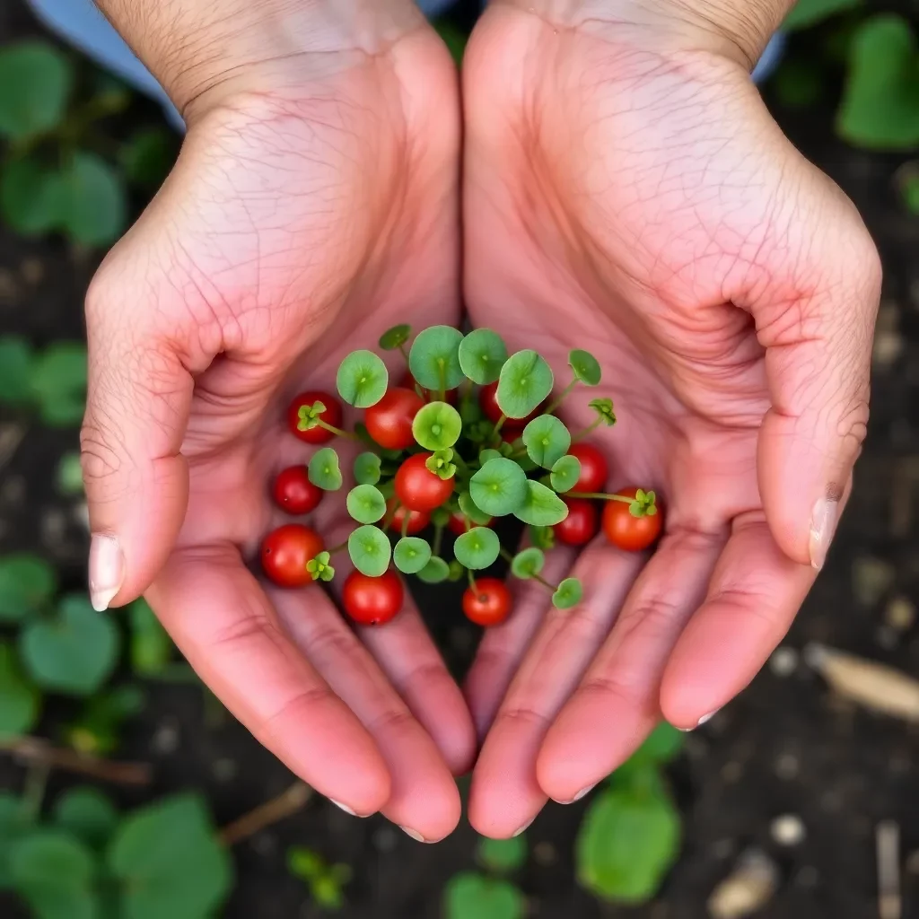 Hands forming a heart shape with kidney bean plants.