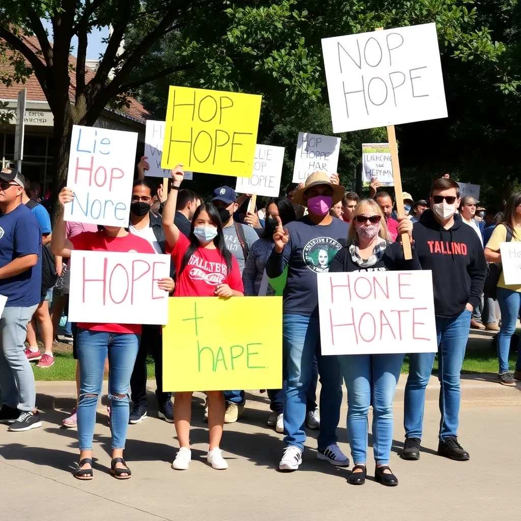 Community members holding signs of support and hope.