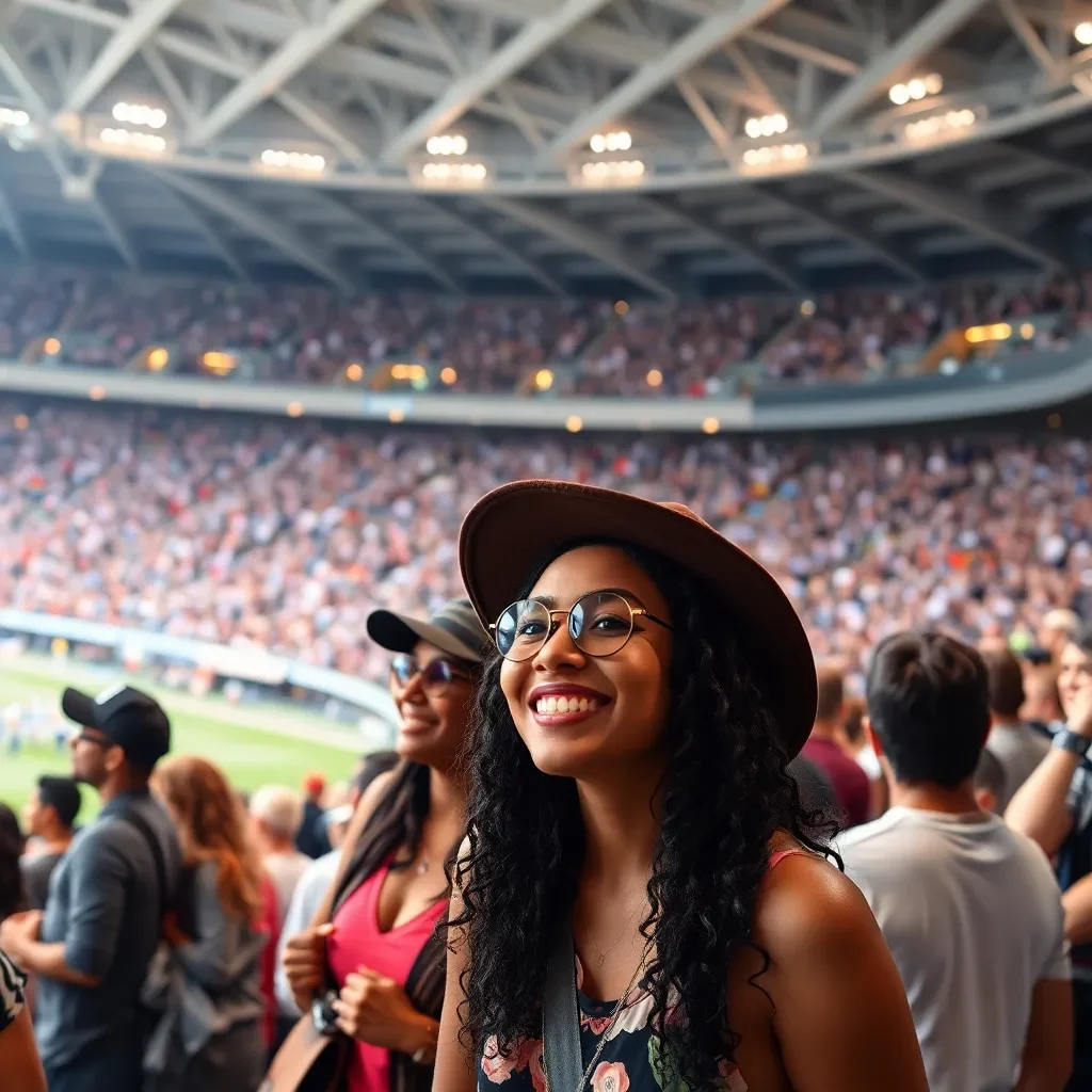 Diverse community enjoying a large outdoor stadium event.