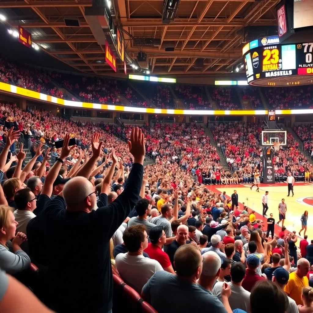 Cheering crowd in a vibrant basketball arena.