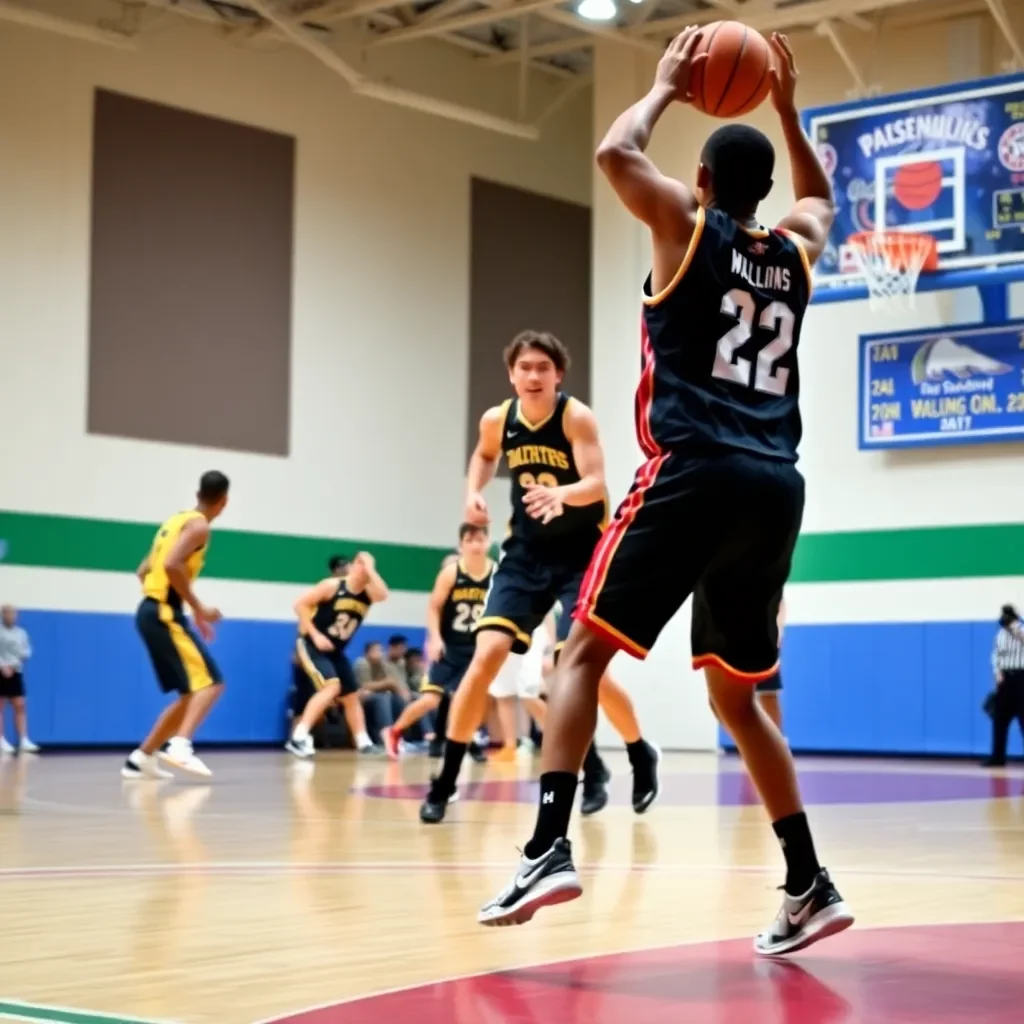 Dynamic basketball court scene with intense team competition.