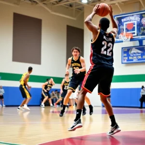 Dynamic basketball court scene with intense team competition.