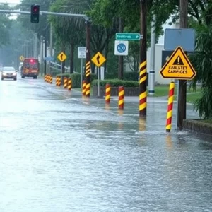 Rain-soaked streets with rising water levels and caution signs.