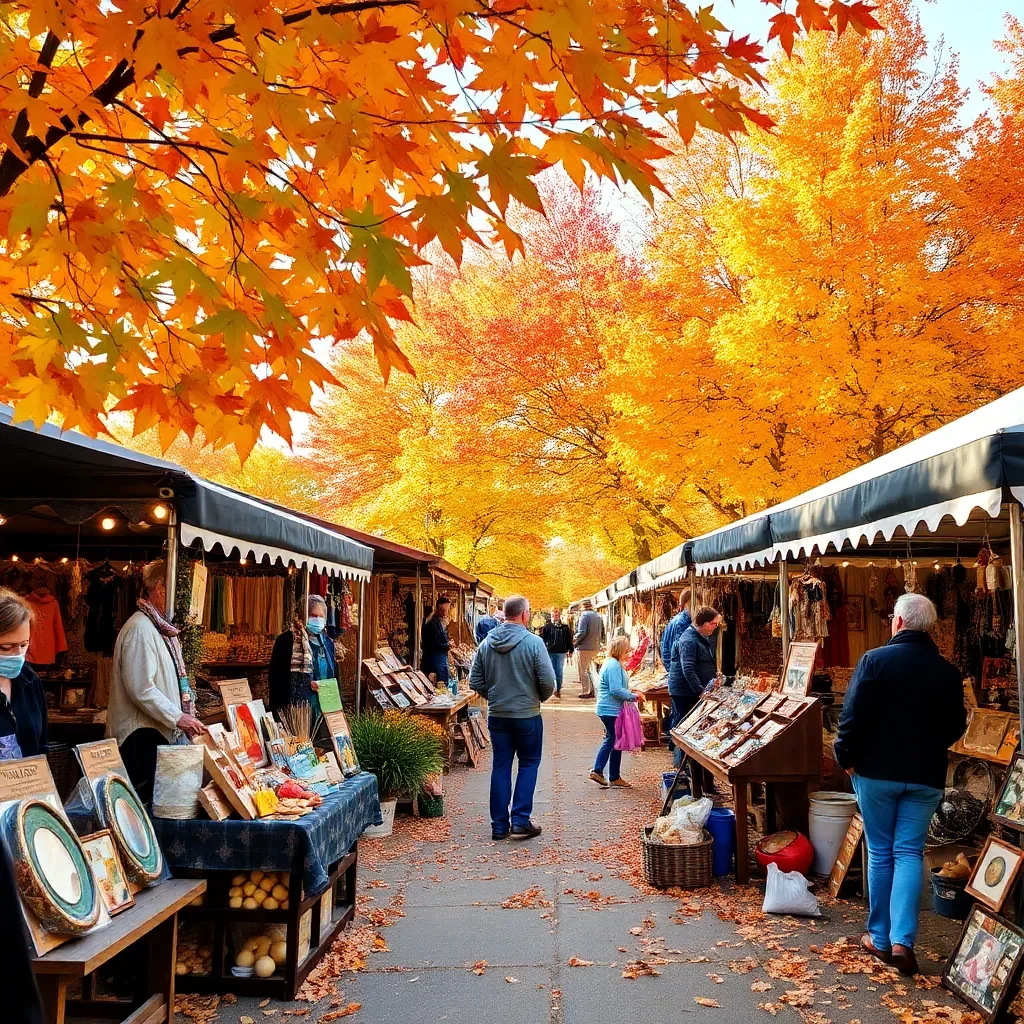 Colorful autumn leaves with local artisans showcasing crafts.