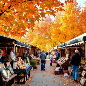 Colorful autumn leaves with local artisans showcasing crafts.