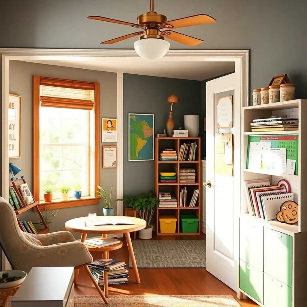 A cozy home with educational elements and teacher supplies.