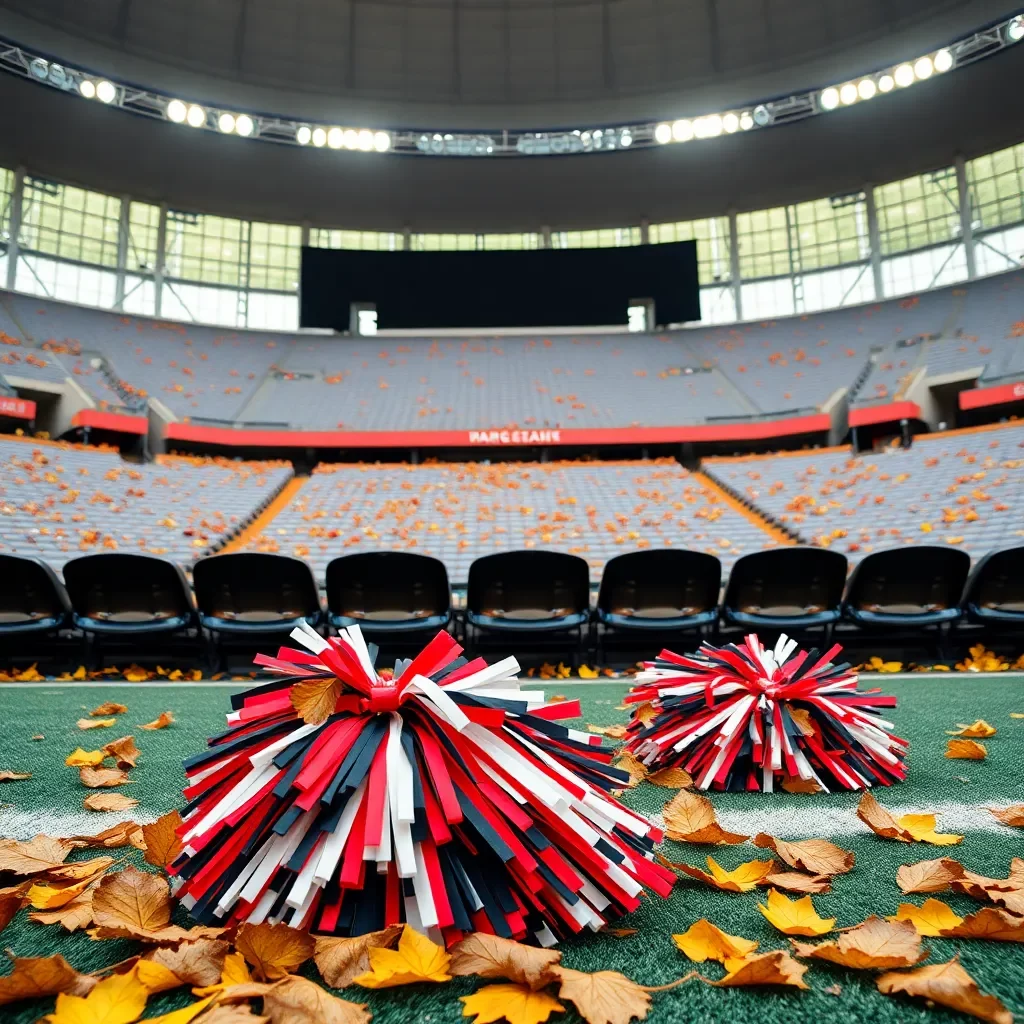 Empty stadium with autumn leaves and fallen cheerleaders' pom-poms.