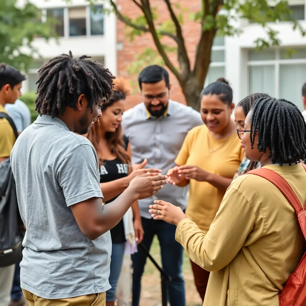 Diverse group collaborating around a community engagement project.