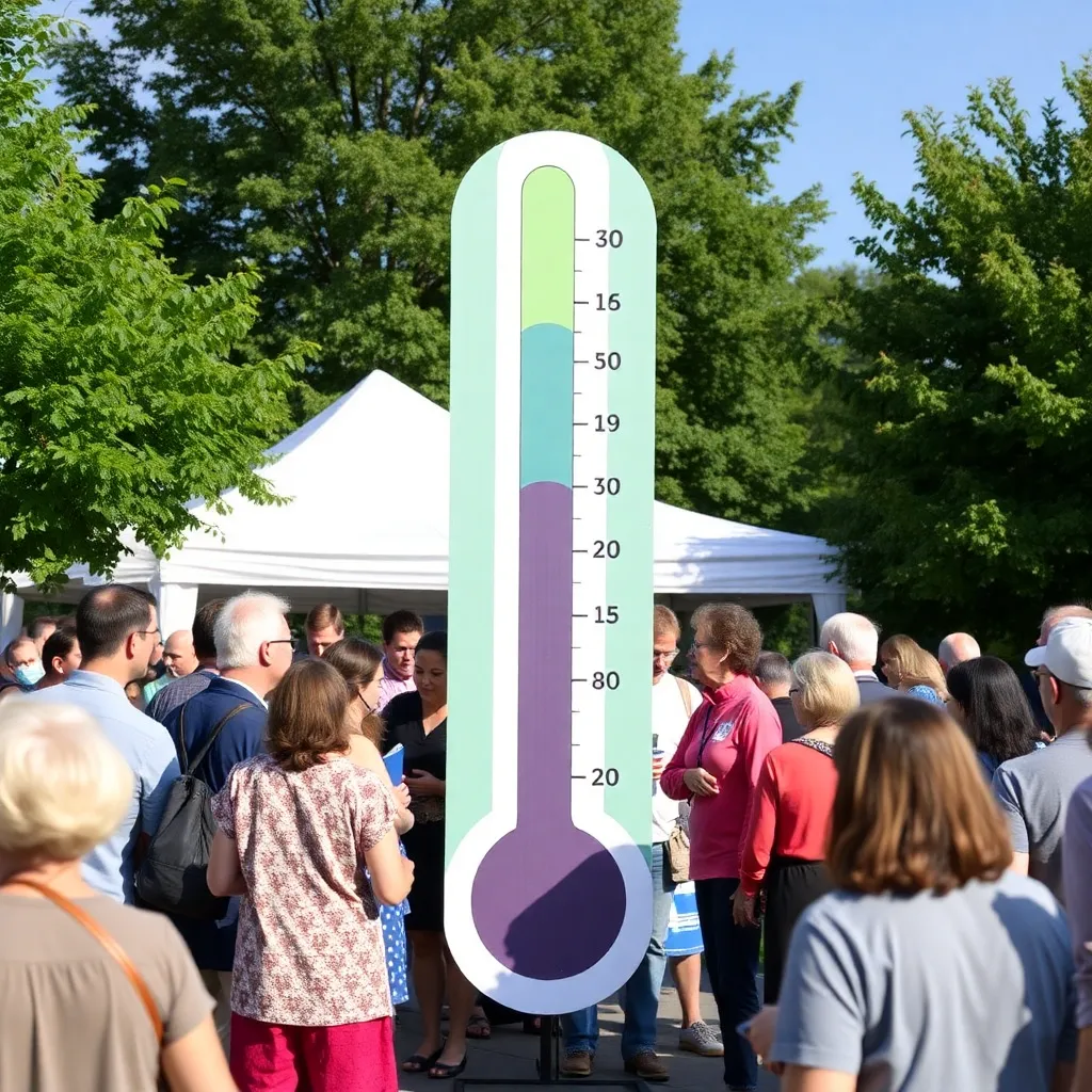 Community gathering around a large fundraising thermometer graphic.