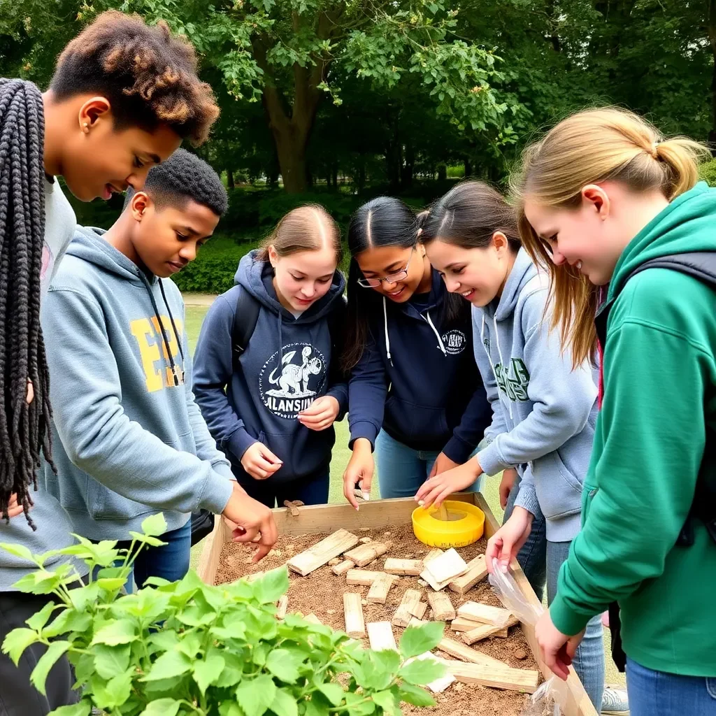 Diverse students collaborating on community projects outdoors.