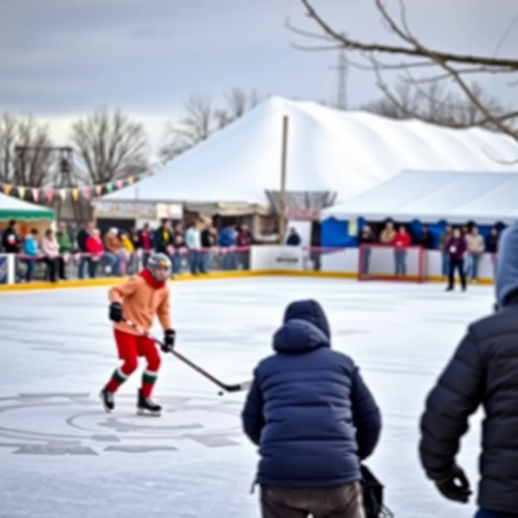 Outdoor ice hockey game at a vibrant community event.