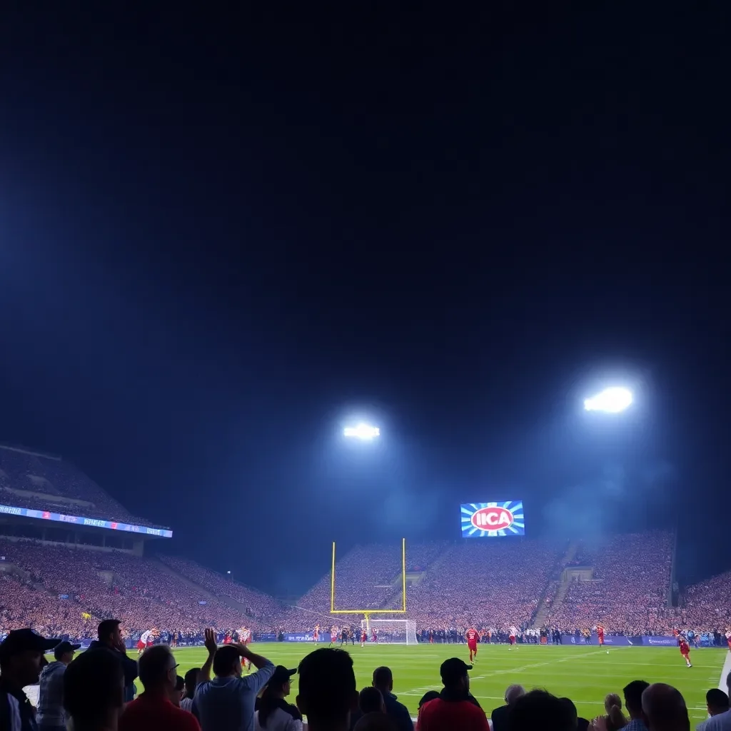 Exciting football game night under stadium lights.