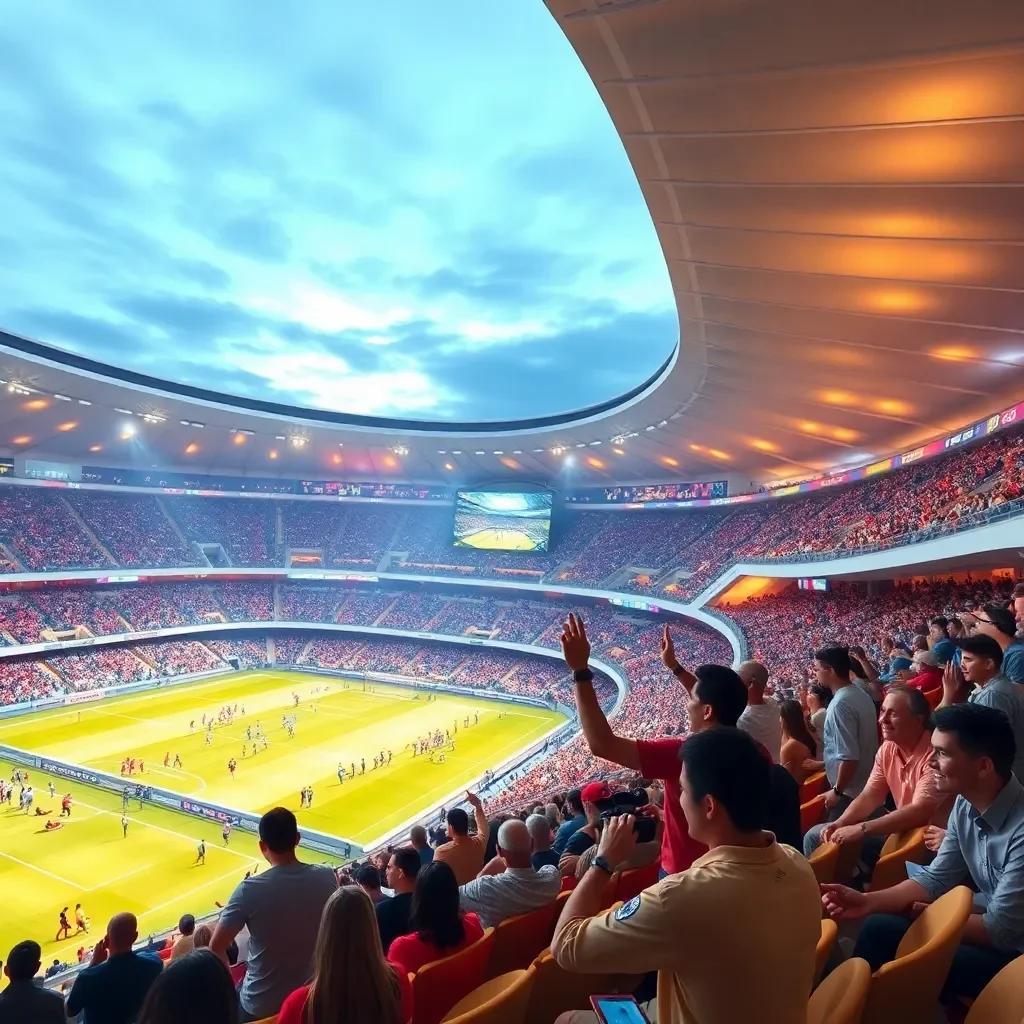 Futuristic stadium design with excited fans enjoying amenities.