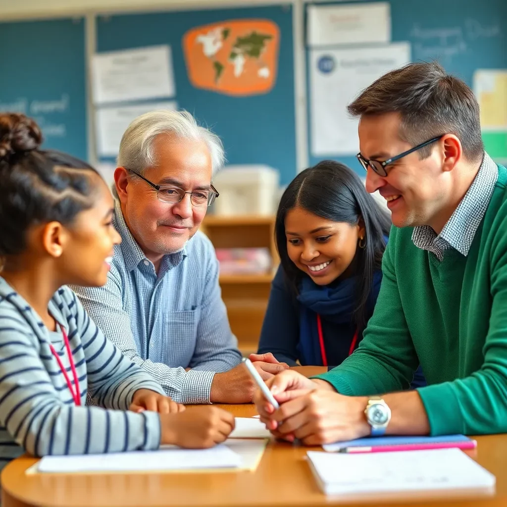 Parents and educators collaborating in a school setting.