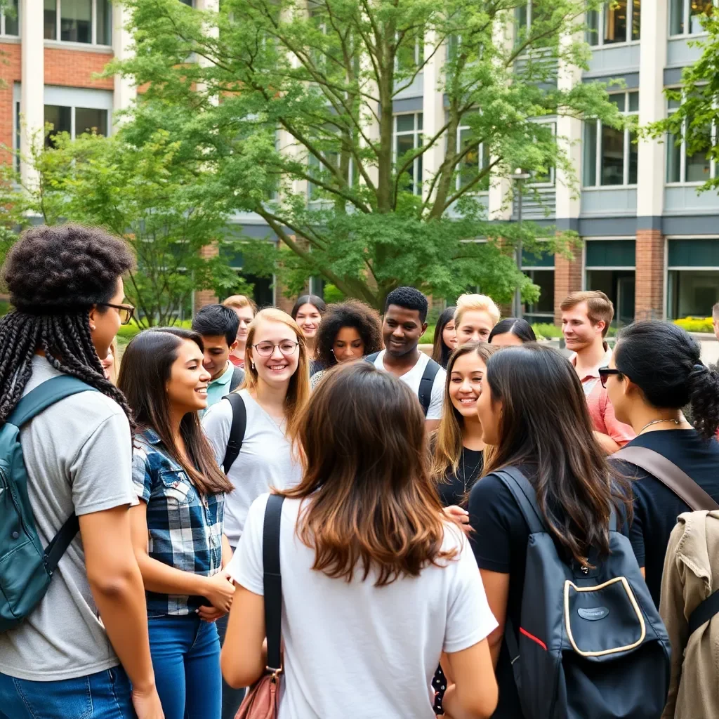 Diverse university campus with students collaborating in harmony.