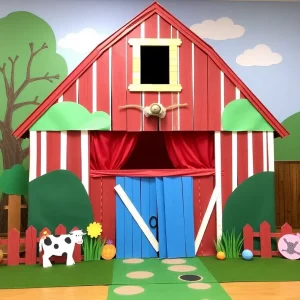 A whimsical barn decorated for a school play production.