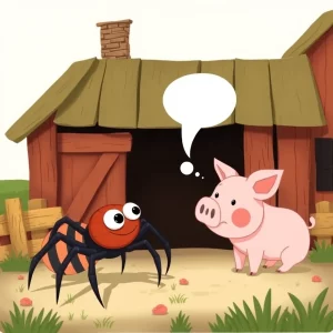 A whimsical barn scene with a talking spider and pig.