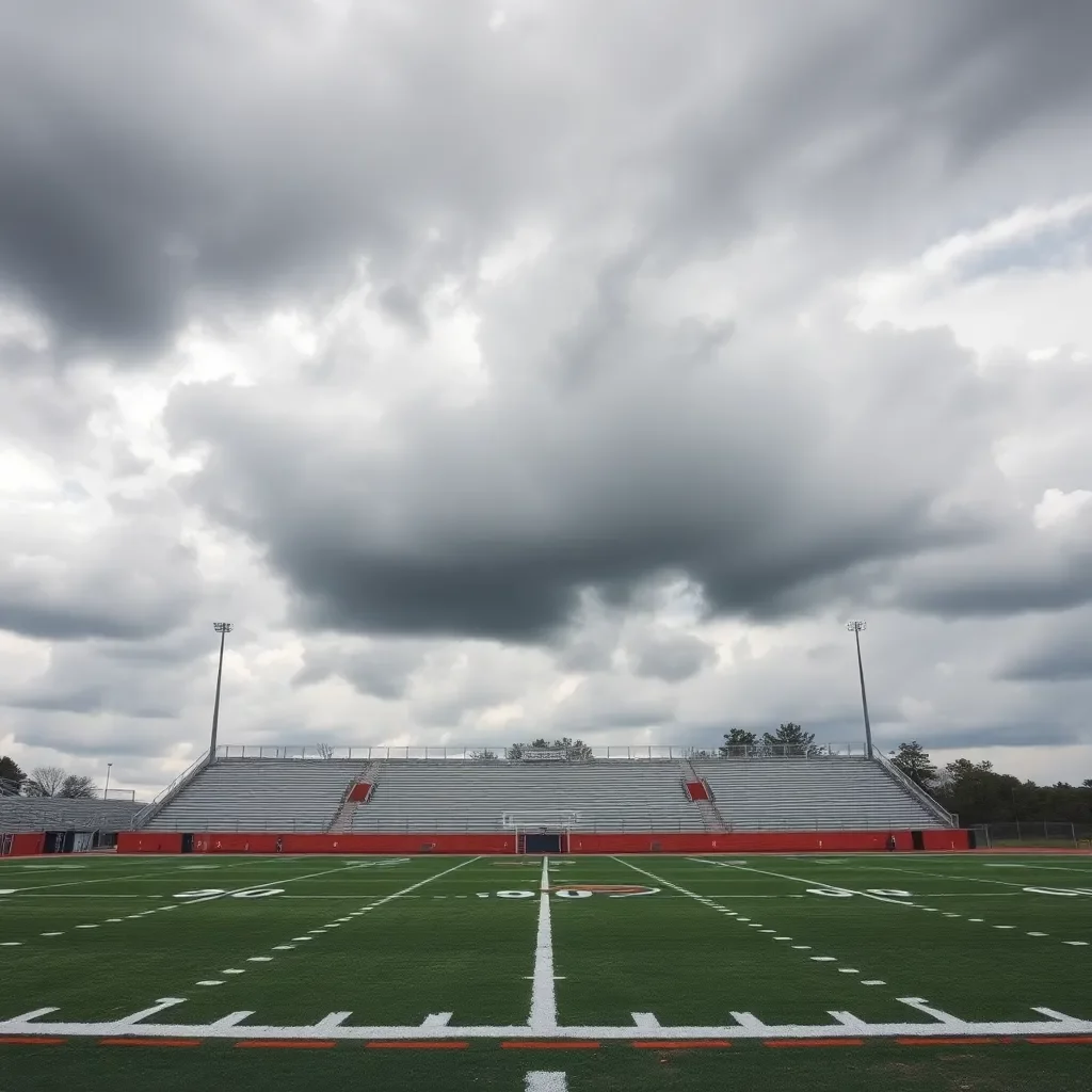 Empty football field under cloudy skies, symbolizing change.