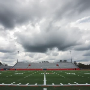 Empty football field under cloudy skies, symbolizing change.