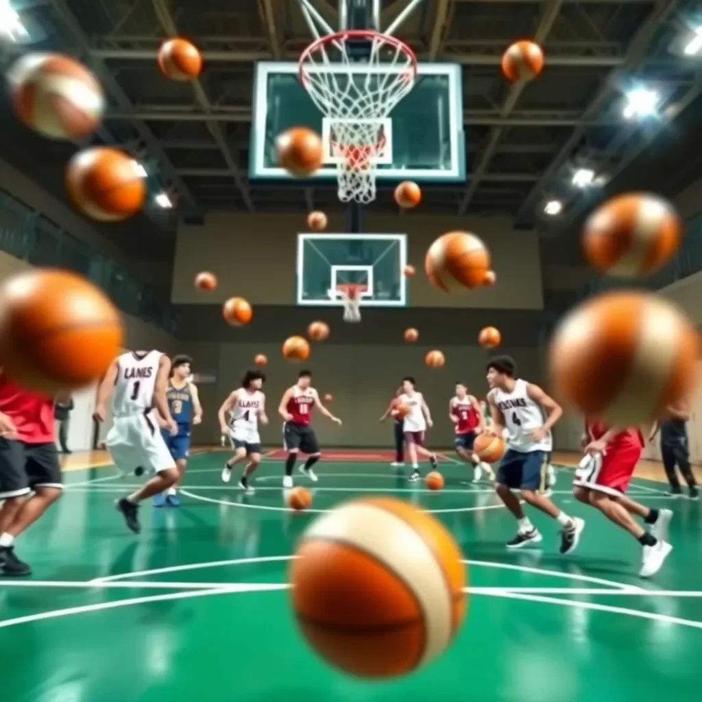 Dynamic basketball court with team jerseys and bouncing balls.